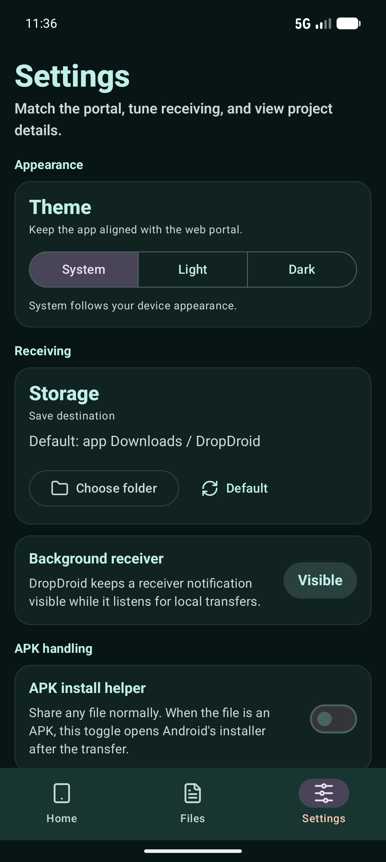 DropDroid settings screen