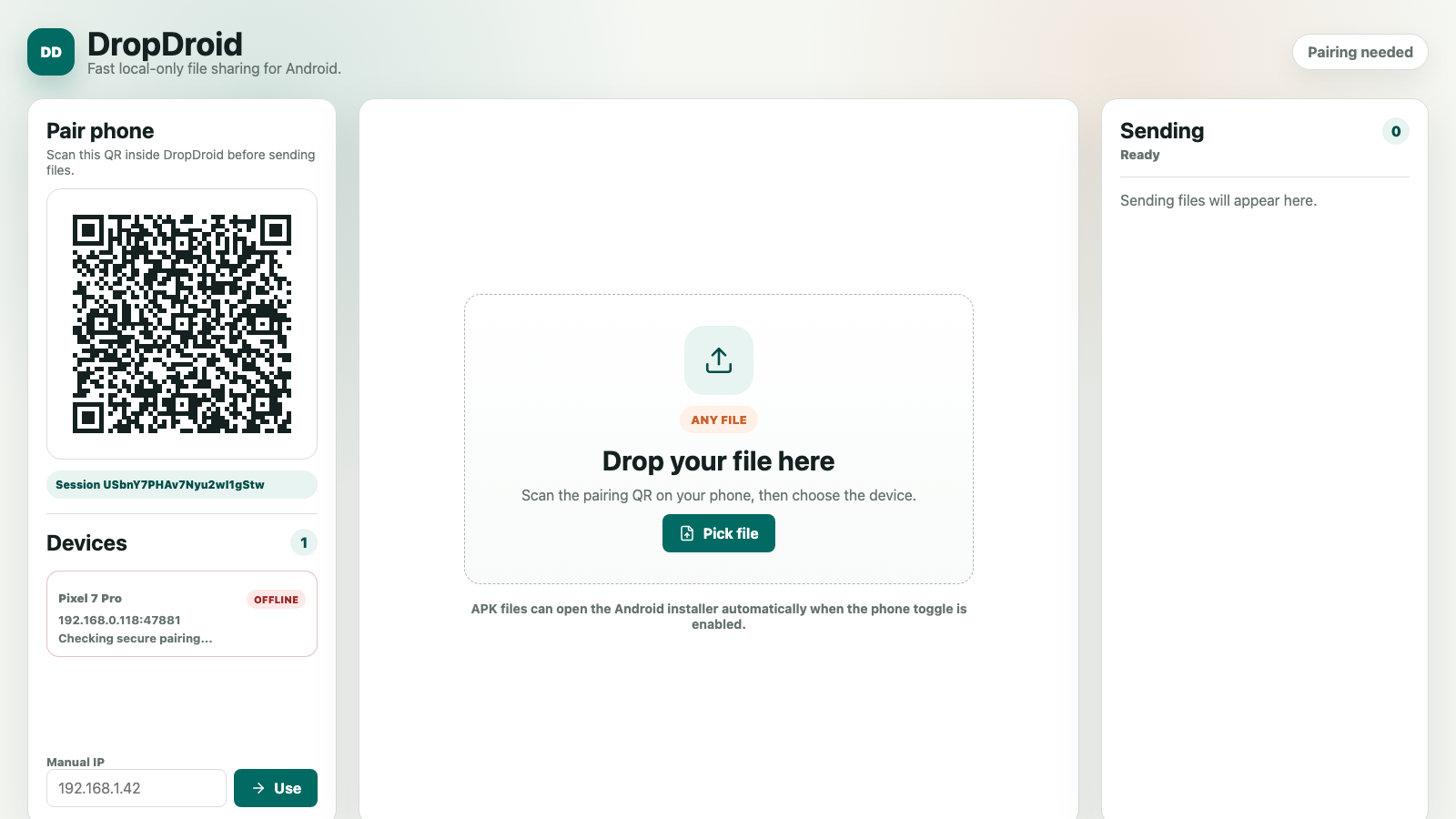DropDroid desktop sender screen